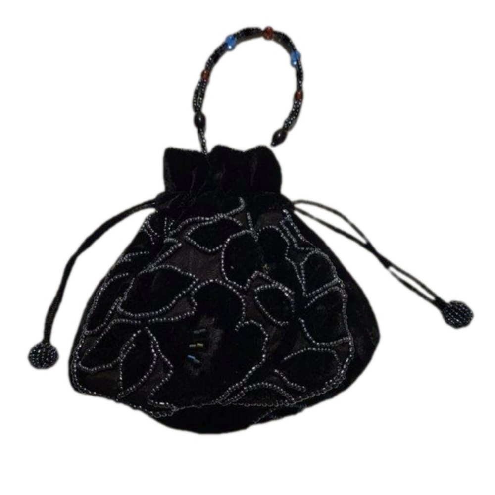 Black Beaded Dainty Mini Velvet Evening Bag
